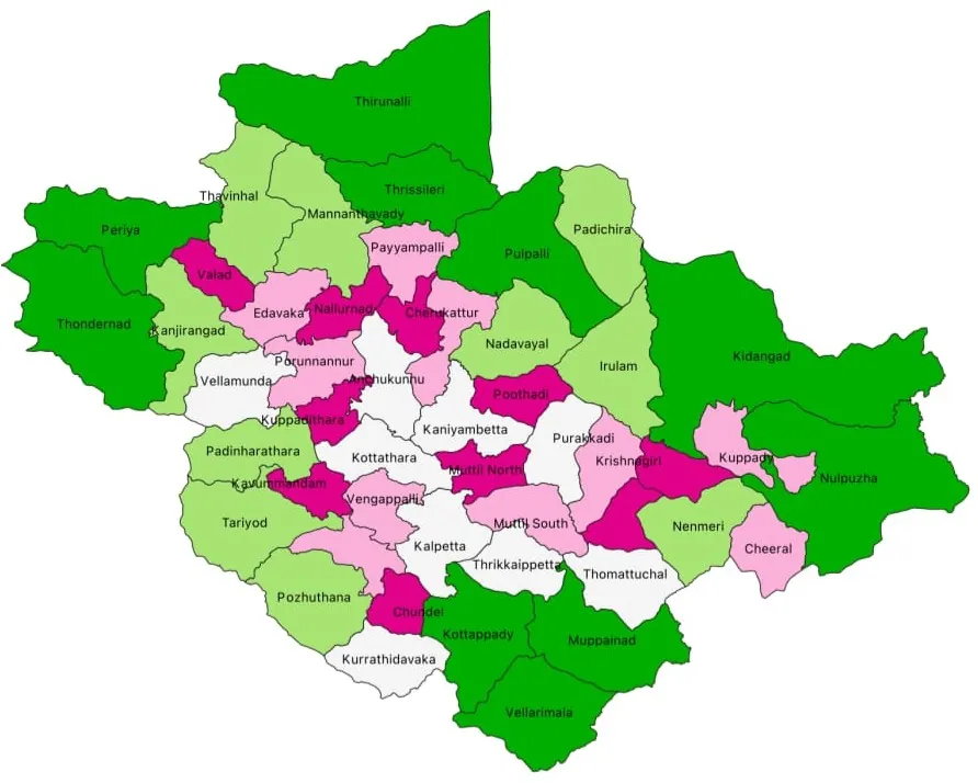 Map of Wayanad showing its four blocks — Kalpetta, Mananthavady, Panamaram and Sulthan Bathery